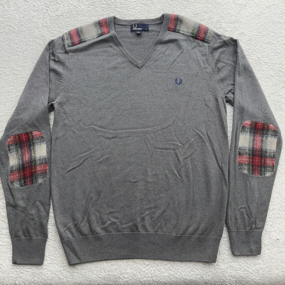 Fred Perry Mens Grey Merino Wool Cotton V-Neck Sweater Plaid Elbow Patch M K2203